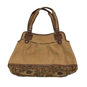 Fossil Straw Large Satchel Bag Floral Accent Leather Trim Magnetic Closure 13x17